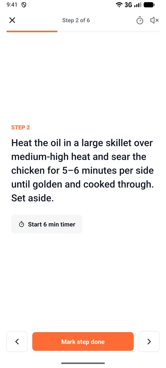 Gratly cook mode showing step 2 of 6 in large text with a 6 minute timer button