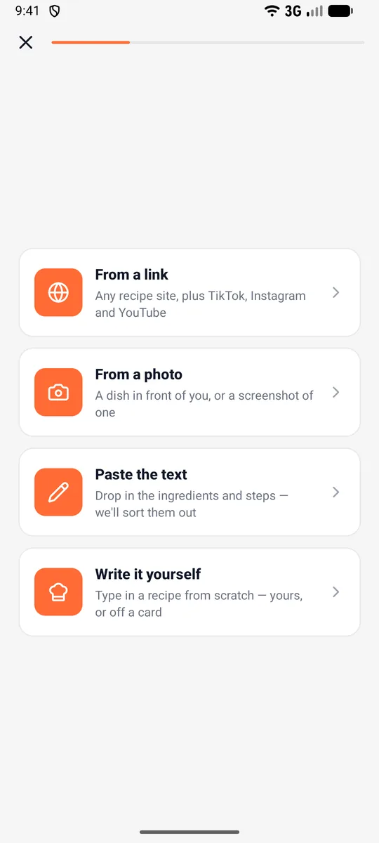Gratly's Add a recipe screen: from a link, from a photo, paste the text or write it yourself